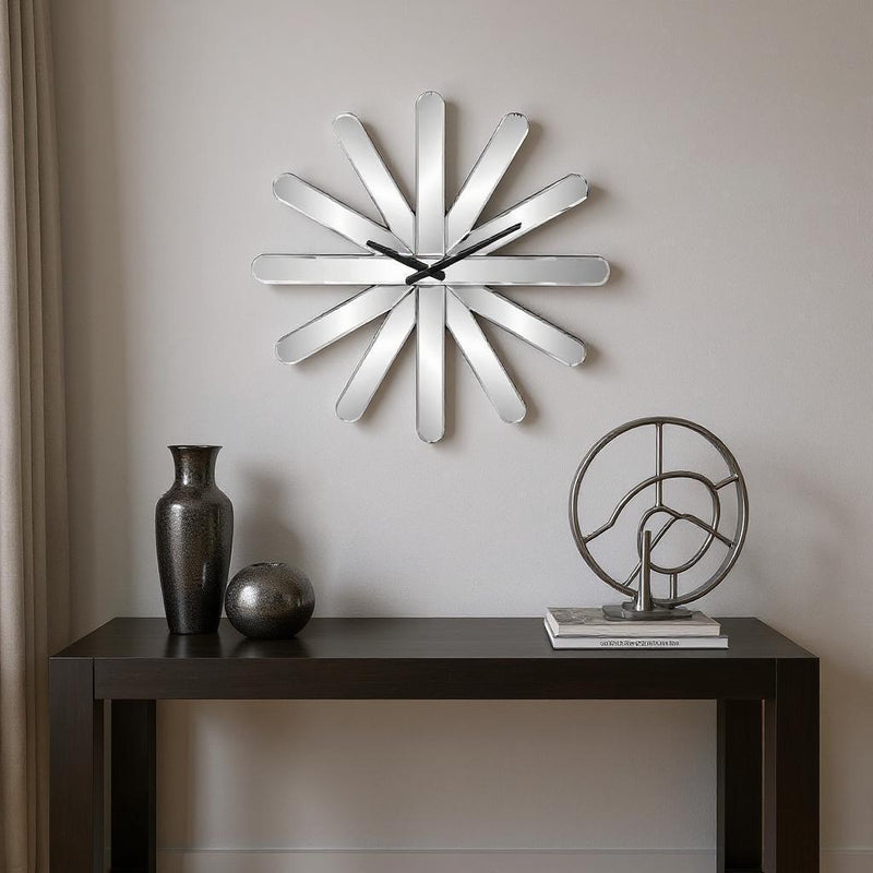 Mirrored Silent Analog Starburst Wall Clock - Silver