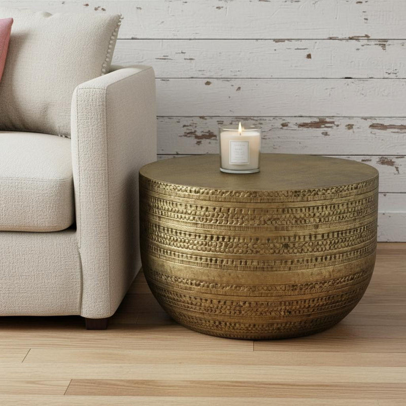 Metal Round Drum End Table - Antiqued Gold