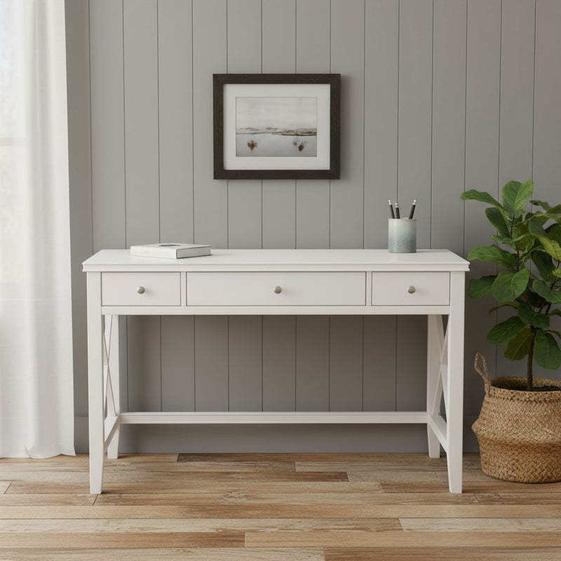 Solid Wood Trestle Writing Desk With Three Drawers - White