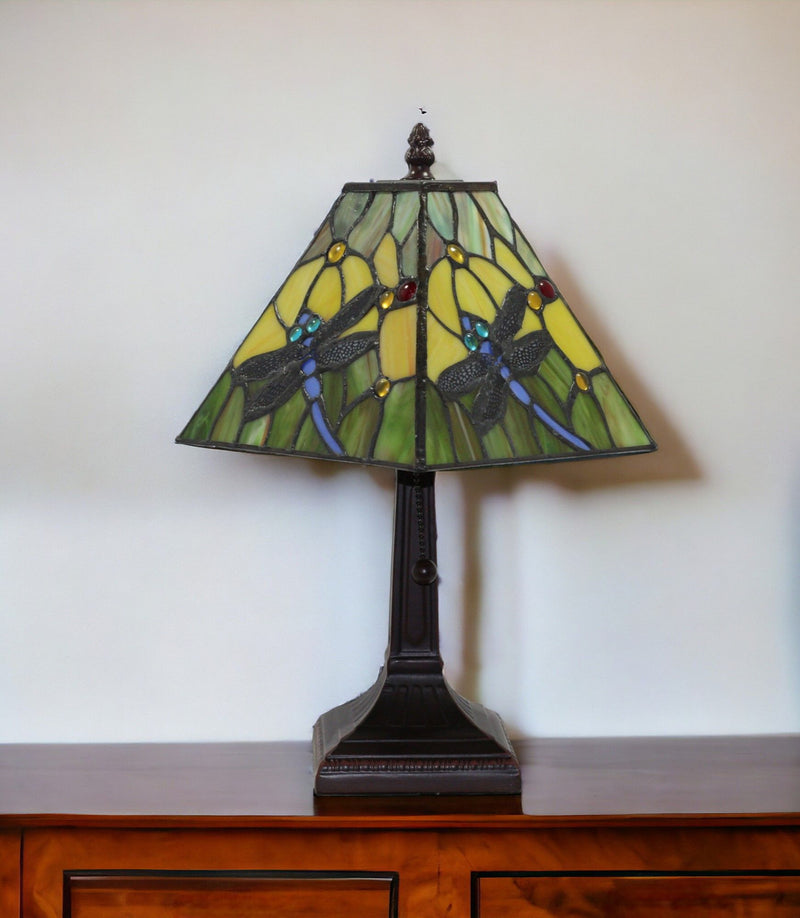15" Metal Candlestick Table Lamp With Green Empire Shade - Dark Brown