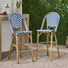 Load image into Gallery viewer, Outdoor Rattan French Barstool Set,, Bamboo, Seat Height - Navy Blue / White
