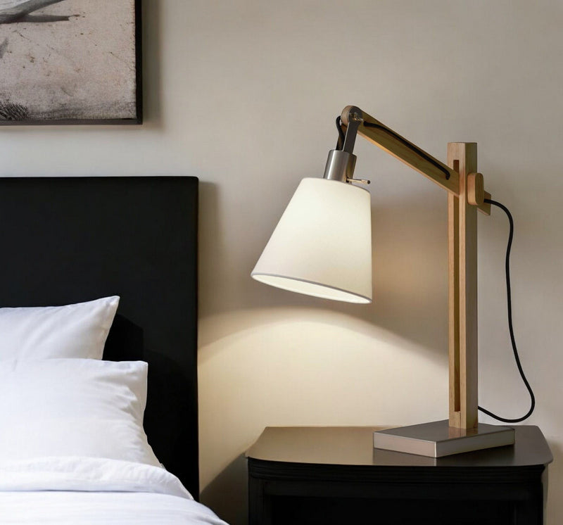 Adjustable Height Table Lamp With White Bell Shade - Natural Wood