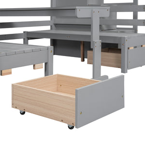 Full over Full Size Bunk with staircase,the Down Bed can be Convertible to Seats and Table Set,Gray