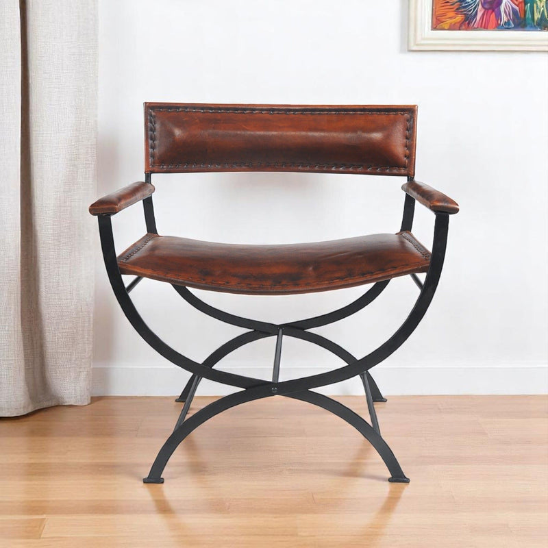 29" Metal And Genuine Leather Director's Chair - Black / Brown