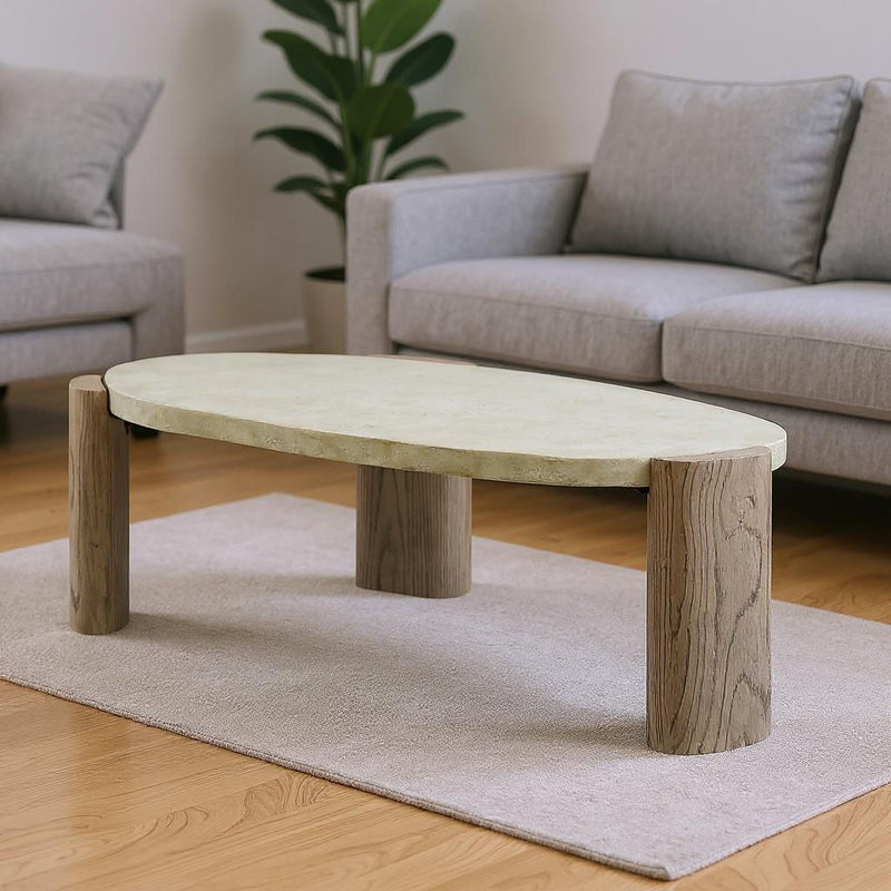 47" Oak Distressed Cement Oval Coffee Table - Gray