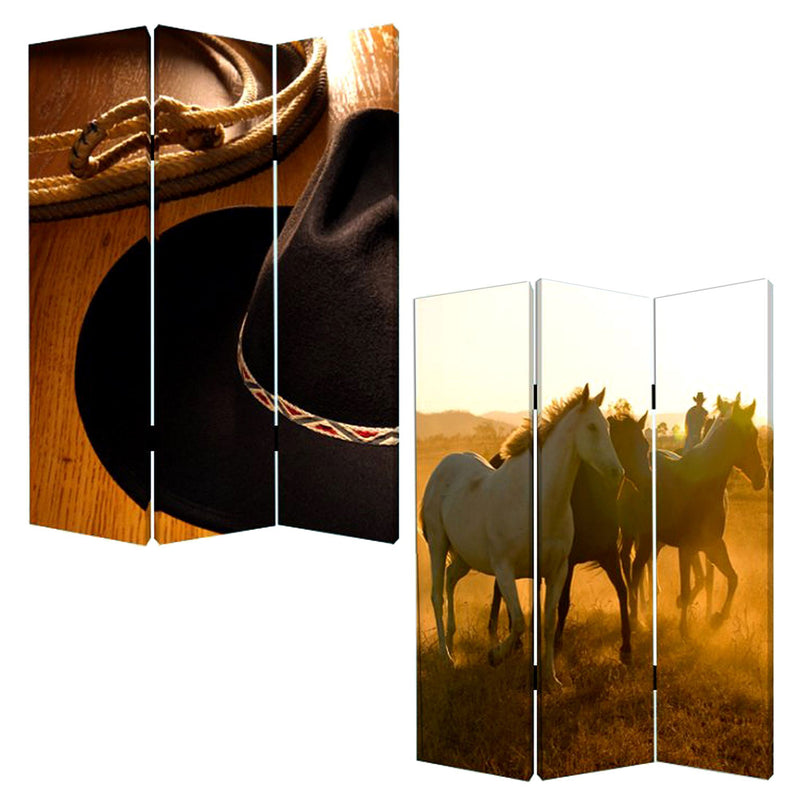 Canvas Folding Three Panel Screen Room Divider - Brown And Black