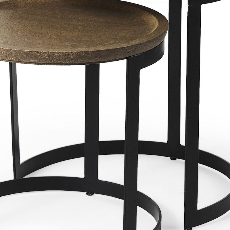 Solid Wood Iron Round Nested Tables (Set of 2) - Brown / Black