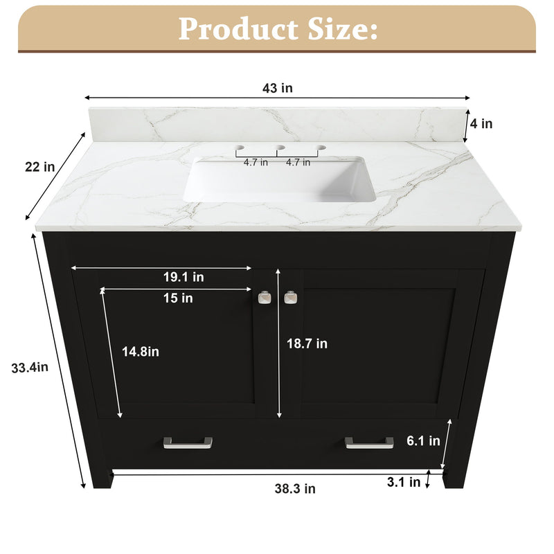 Bathroom Vanity Set, Fluted Cabinet, Soft Close Doors & Drawers, 3 Faucet Holes, Sink Included - Black