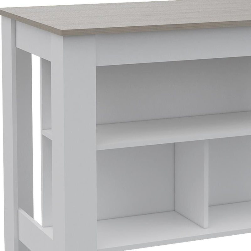 Light Gray And Wood Kitchen Island With Storage - White