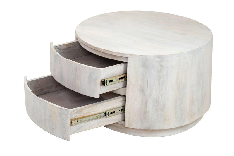 Round Drum Coffee Table With Two Drawers - White