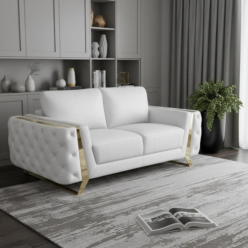 Genuine Leather Loveseat - White / Gold
