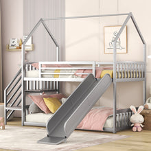 Load image into Gallery viewer, Twin over Twin Metal Bunk Bed House Bed with Slide and Staircase, Silver
