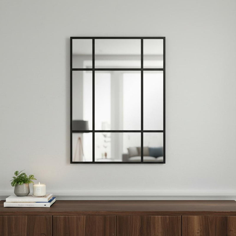 39" Iron Window Pane Geometric Framed Accent Mirror - Black
