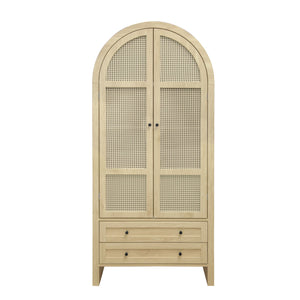 Tall Arched Kitchen Pantry, Arched Storage Display Cabinet With 2 Drawers & Adjustable Shelves, Rattan Door Versatile Storage Cabinet For Kitchen, Dining Room, Living Room - Natural