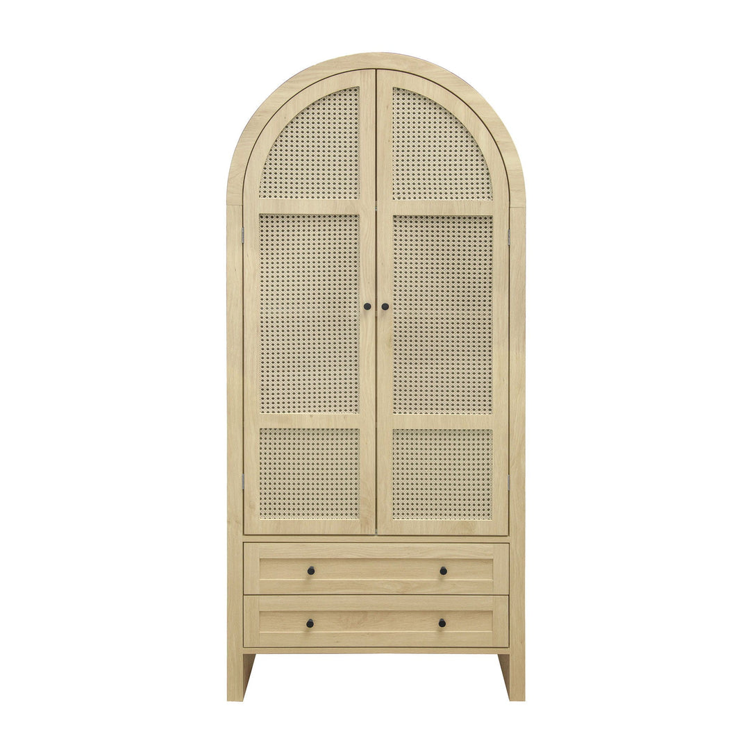 Tall Arched Kitchen Pantry, Arched Storage Display Cabinet With 2 Drawers & Adjustable Shelves, Rattan Door Versatile Storage Cabinet For Kitchen, Dining Room, Living Room - Natural