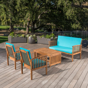 Outdoor Acacia Wood Sofa Set with Water Resistant Cushions, 4-Pcs Set, Brown Patina / Teal