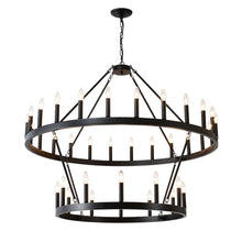 Load image into Gallery viewer, 2 Tiers Wagon Wheel Chandelier Wooden Farmhouse 36 Light (24 / 12) Or (12 / 24) Metal Chandeliers 2 Story Light Fixtures Industrial For High Ceiling Living Dining Room Foyer, Adjustable Height - Black
