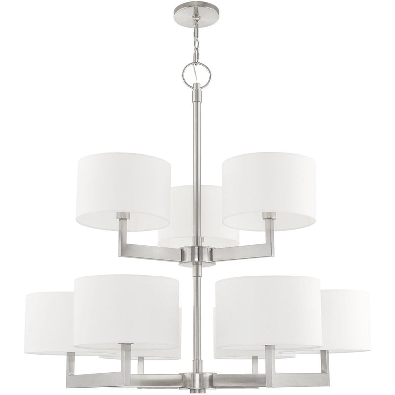 43" Nine Light Metal Dimmable Chandelier With Shades - Nickel / Off White