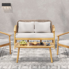 Load image into Gallery viewer, 2 Piece Outdoor Acacia Wood Conversation Set, Woven Rope Backrest Patio Seating Group, Woven Rope With Coffee Table For Porch - Light Teak / Beige
