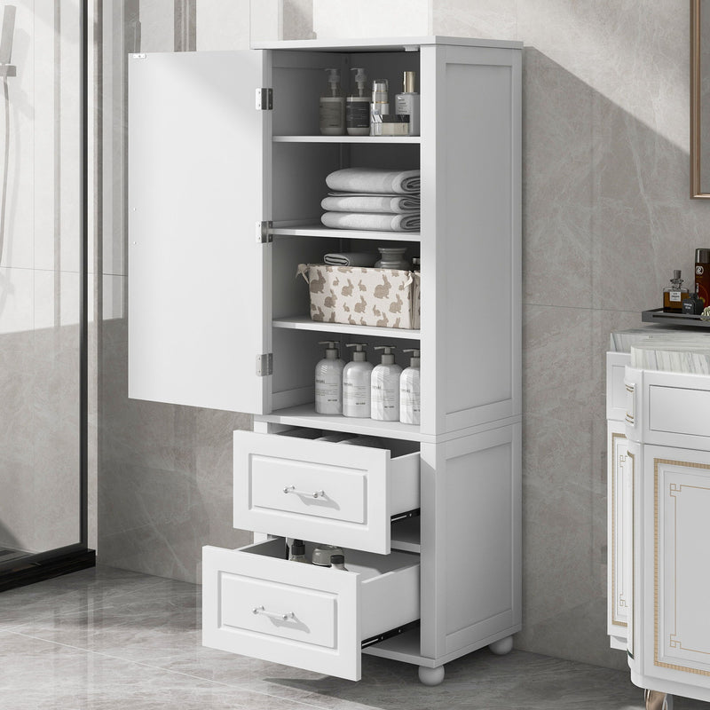 Tall Freestanding Bathroom Storage Cabinet With 2 Drawers And Adjustable Shelf