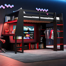 Load image into Gallery viewer, Gaming Loft Bed With Desk, Multi Storage Shelves, LED Lighting, And Hanging Clothes Rack
