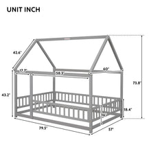 Load image into Gallery viewer, Floor Wooden Bed With House Roof Frame, Fence Guardrails
