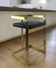 Load image into Gallery viewer, 26" Faux Leather And Stainless Steel Low Back Counter Height Bar Chair - Black And Gold
