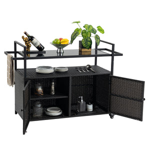 Outdoor Wicker Bar Cart, Patio Wine Serving Cart w/Wheels, Rolling Rattan Beverage Bar Counter Table w/Glass Top for Porch Backyard Garden Poolside Party, Black