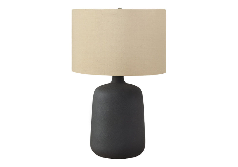 Ceramic Round Table Lamp With Beige Drum Shade - Black