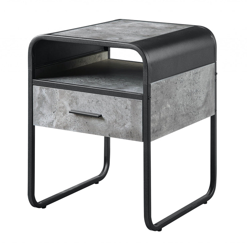 Wood And Metal Square End Table With Drawer And Shelf - Black And Gray