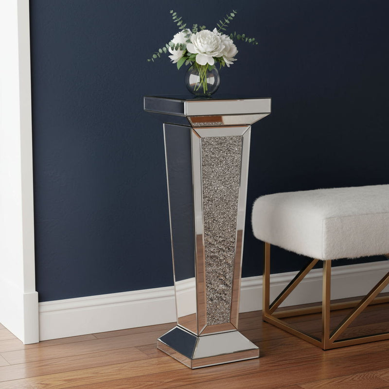 Mirrored Glass Faux Crystals Pedestal Accent Table - Silver