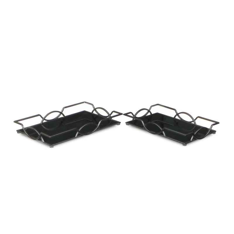 20" Rectangular Metal And Mirror Handmade Trays (Set of 2) - Black