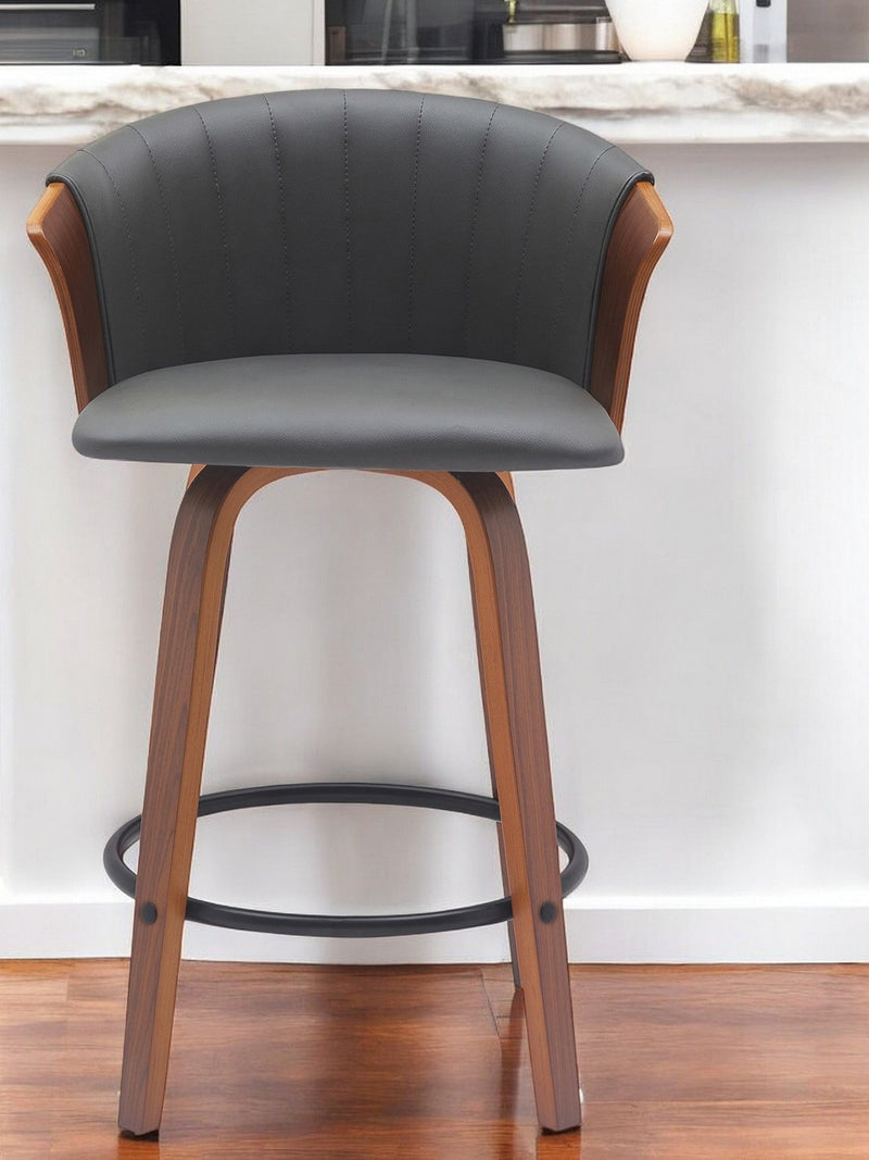 26" Faux Leather With Solid Wood Swivel Counter Height Bar Chair - Gray And Wood Brown