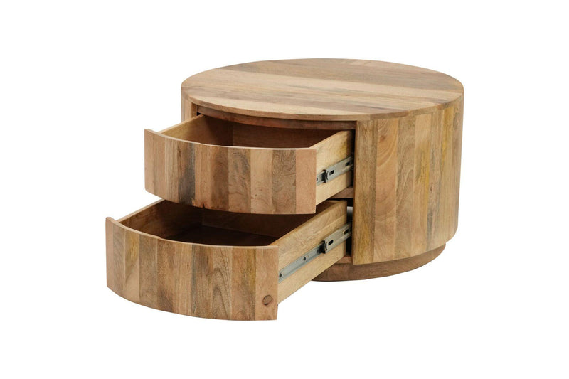 Round Drum Coffee Table With Two Drawers - Natural