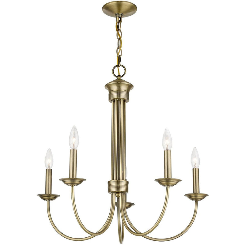 Five Light Metal Dimmable Chandelier With Shades - Antiqued Brass