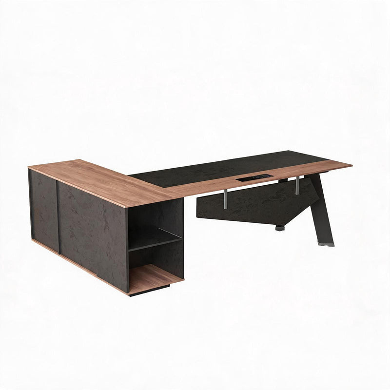 Wood And Steel L Shape Pedestal Executive Desk With Four Cabinets - Black And Brown