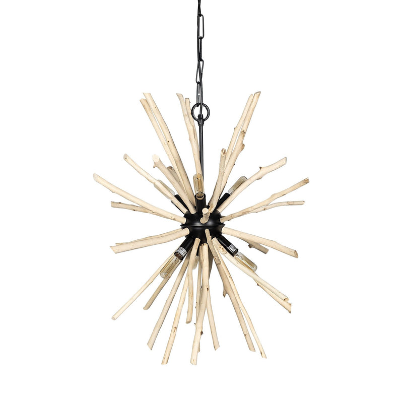Wood And Metal Starburst Six Bulb Hanging Light - Brown / Black