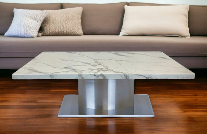 51" Genuine Marble And Stainless Steel Pedestal Coffee Table - White And Silver