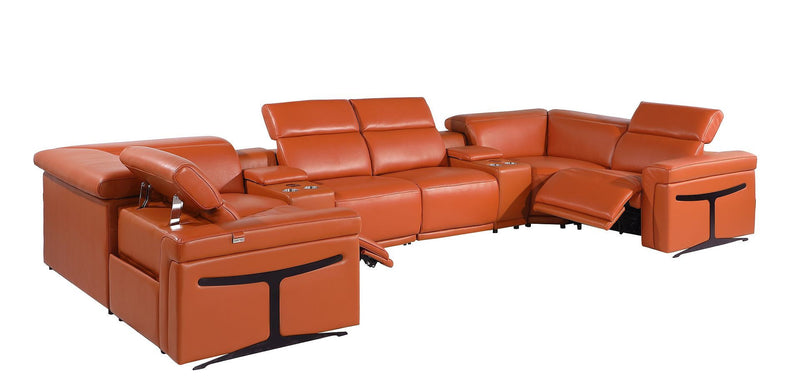 Leather Power Reclining U Shaped Eight Piece Corner Sectional With Console - Camel