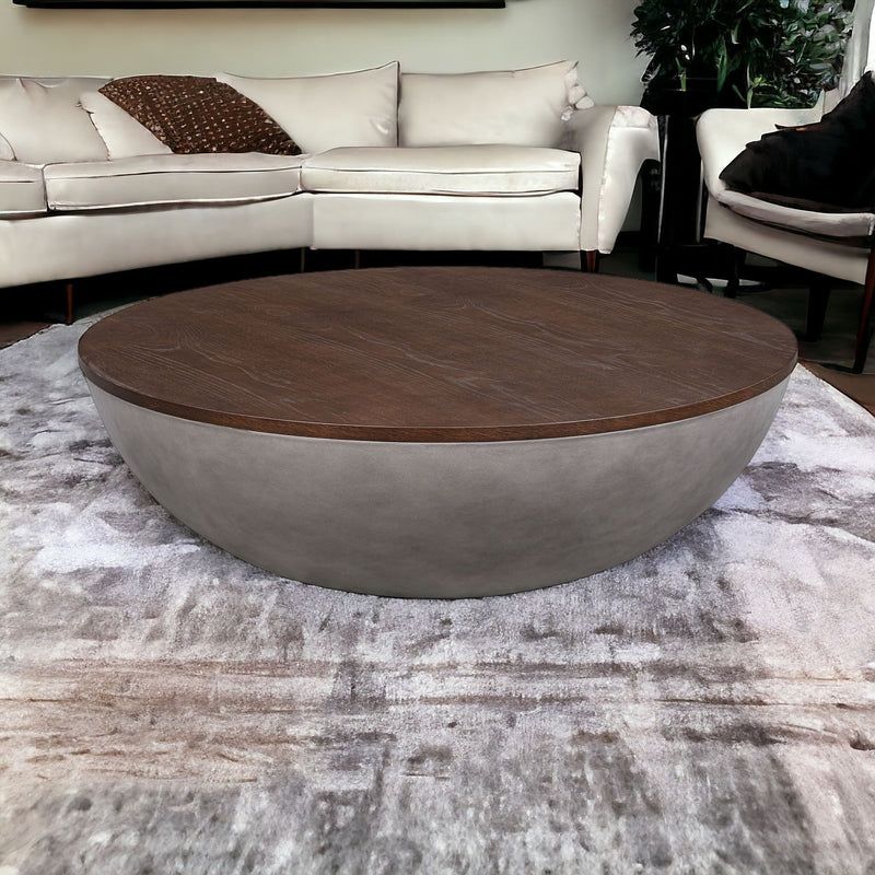 Solid Wood And Concrete Round Coffee Table - Brown And Gray