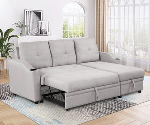 80.3" Orisfur. Pull Out Sofa Bed Modern Padded Upholstered Sofa Bed , Linen Fabric 3 Seater Couch with Storage Chaise and Cup Holder , Small Couch for Small Spaces