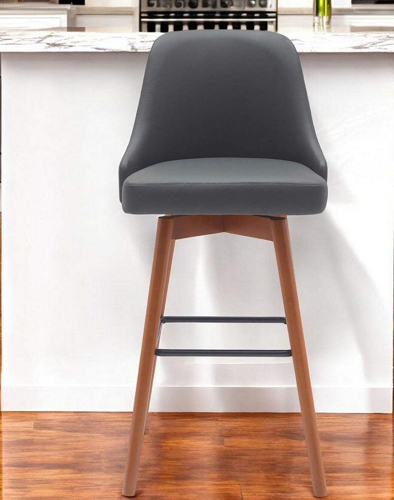 Faux Leather With Solid Wood Swivel Bar Height Bar Chair - Gray And Wood Brown
