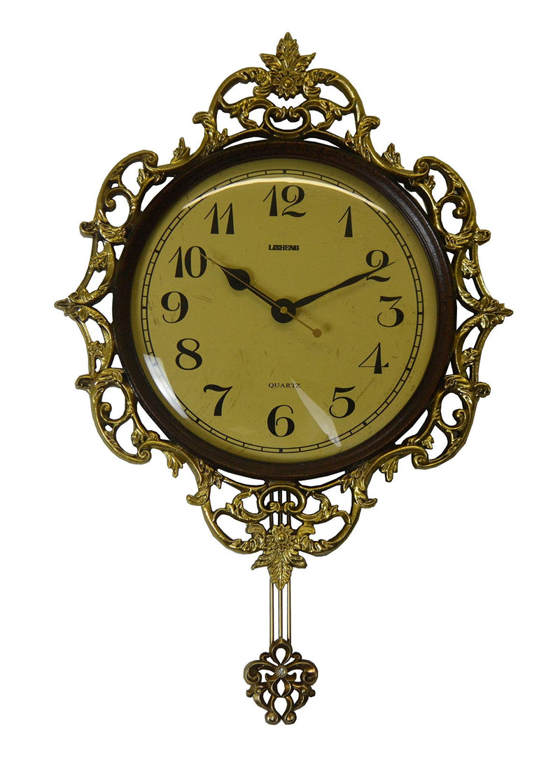 Silent Pendulum Ornate Round Wall Clock - Brown / Gold / Black