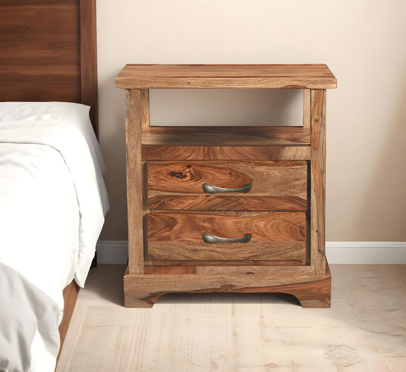 27" Two Drawer Solid Wood Nightstand - Brown