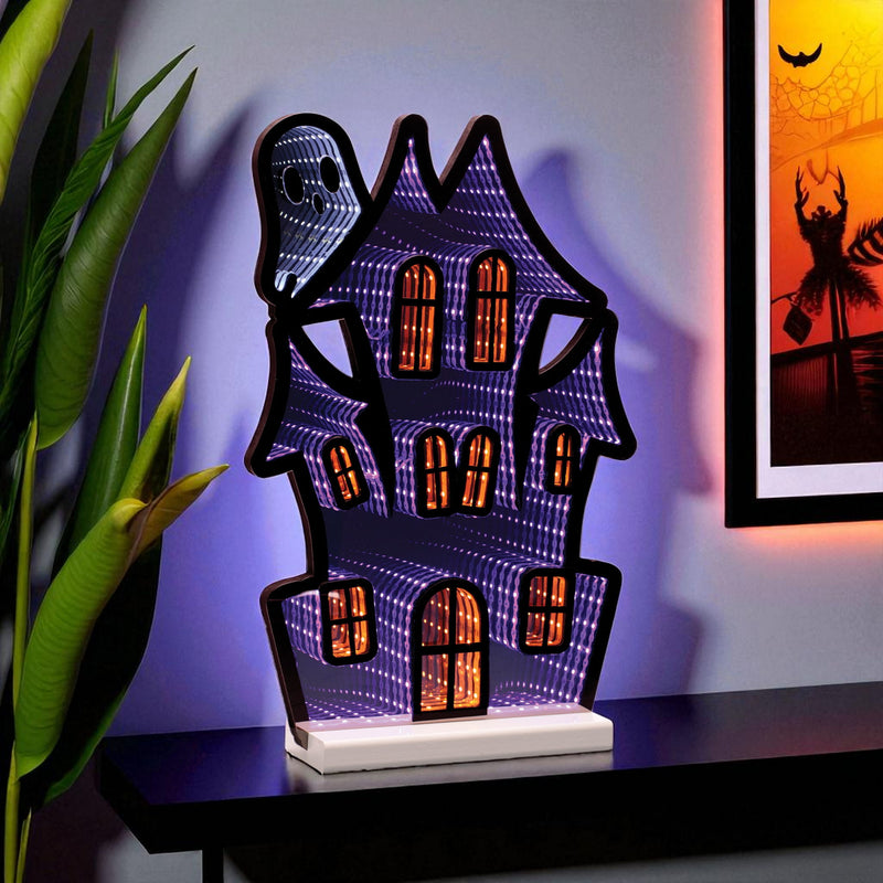 House Halloween Ghost Tabletop Sign With LED (633946) - Black / Orange / Purple