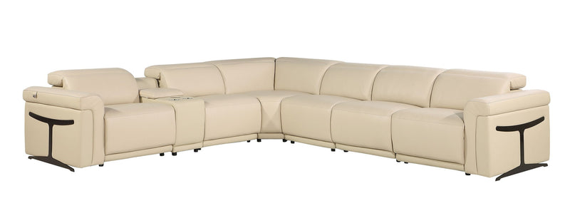 Italian Leather Modular L-Shaped Seven Piece Corner Sectional With Console - Beige