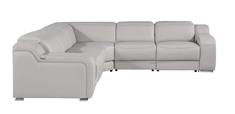Italian Leather Power Reclining Curved Five Piece Corner Sectional With Console - Light Gray