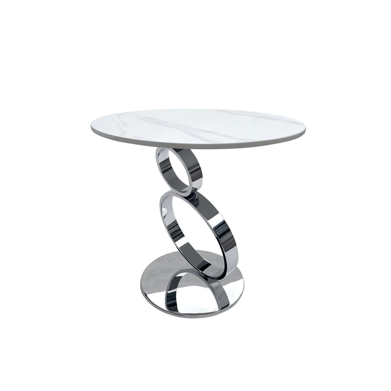 21" Stone And Stainless Steel Round Pedestal End Table - Silver And White