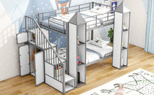 Load image into Gallery viewer, Metal Twin over Twin Castle-shaped Bunk Bed with Wardrobe and Multiple Storage, Gray+White
