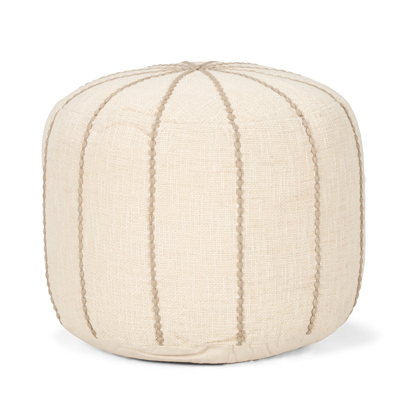 Fabric Striped Round Pouf Ottoman - Beige / Taupe